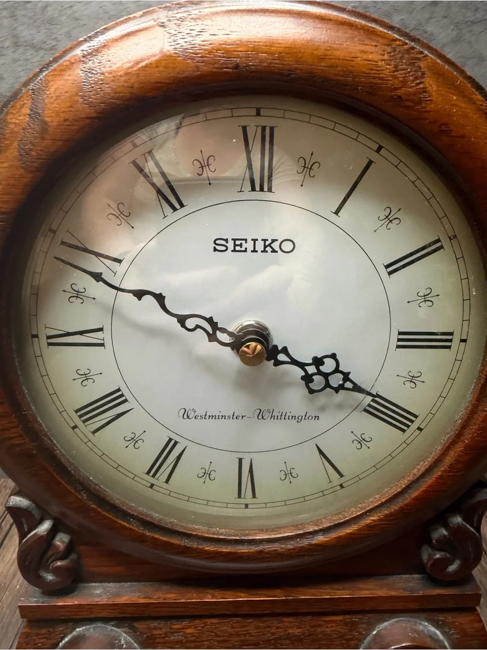 Seiko Brown Wood Carved Mantel Clock with Roman Dial